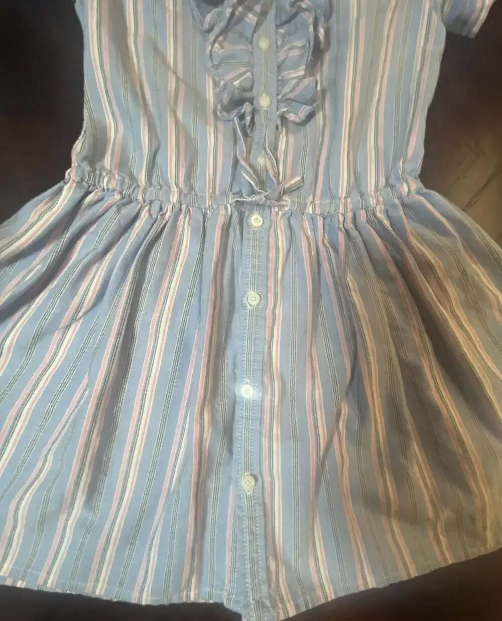 Ralph Lauren Girls Blue and Pink Striped Ruffled Cotton Shirtdress, Size 6